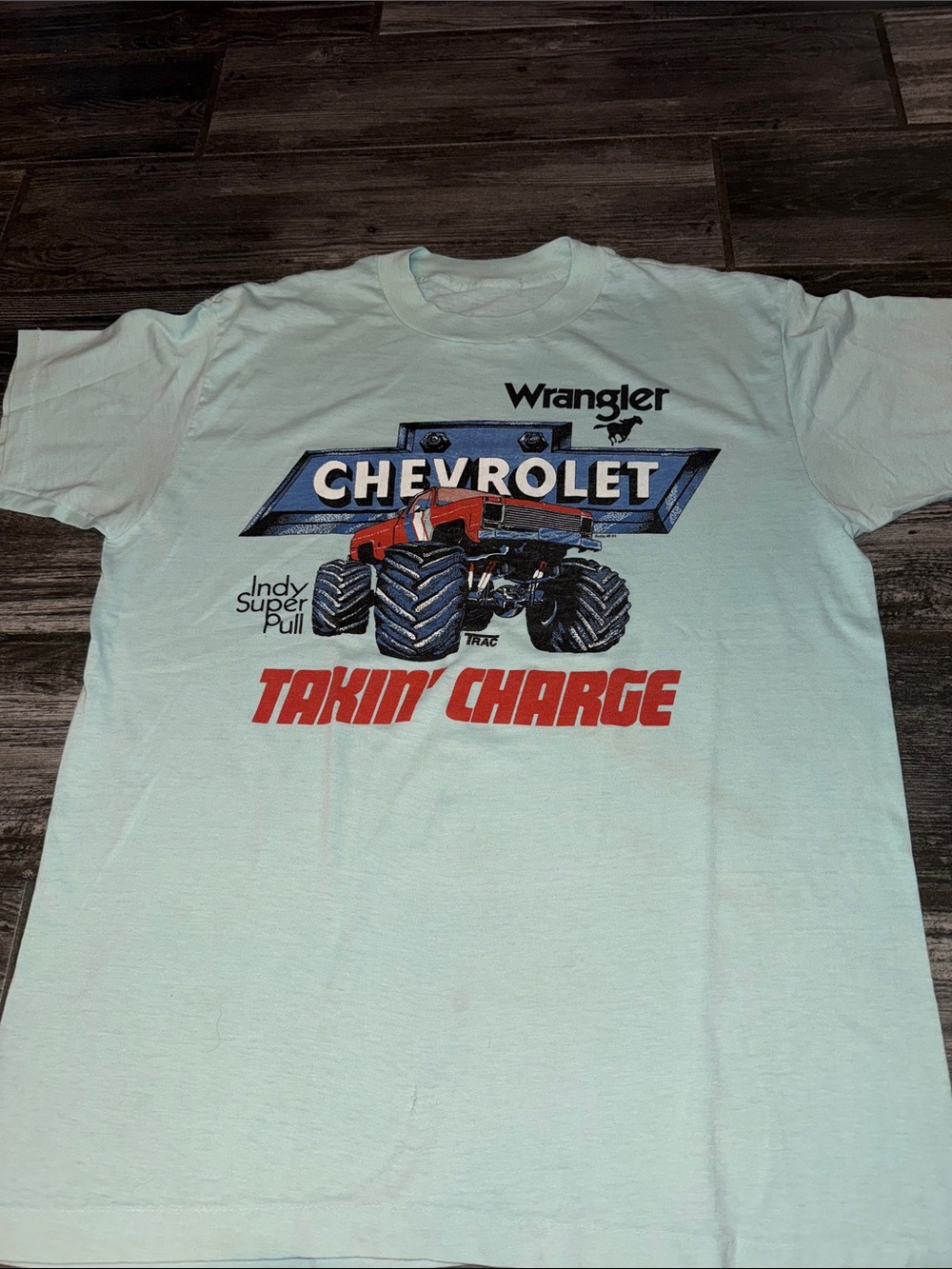 Wrangler Blue Chevrolet Monster Truck 80s Graphic 1983 vintage single stitch